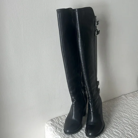 Adrienne Vittadini Black Leather Boots with Buckle Accents - Picture 4 of 15